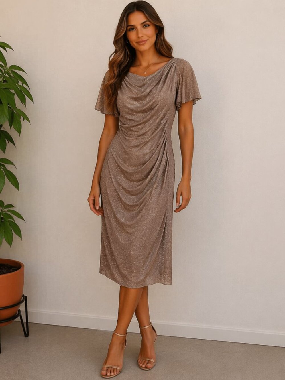 Betsy & Adam Marianna Blush Gold Glitter Cocktail Dress Flutter Sleeve 6